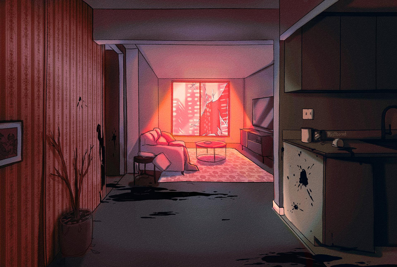 An empty apartment with elegant wallpaper, a kitchen and a living room. Soft red light shines through the window with a large break in the glass. There are also a few splotches of blood on the floor and walls.