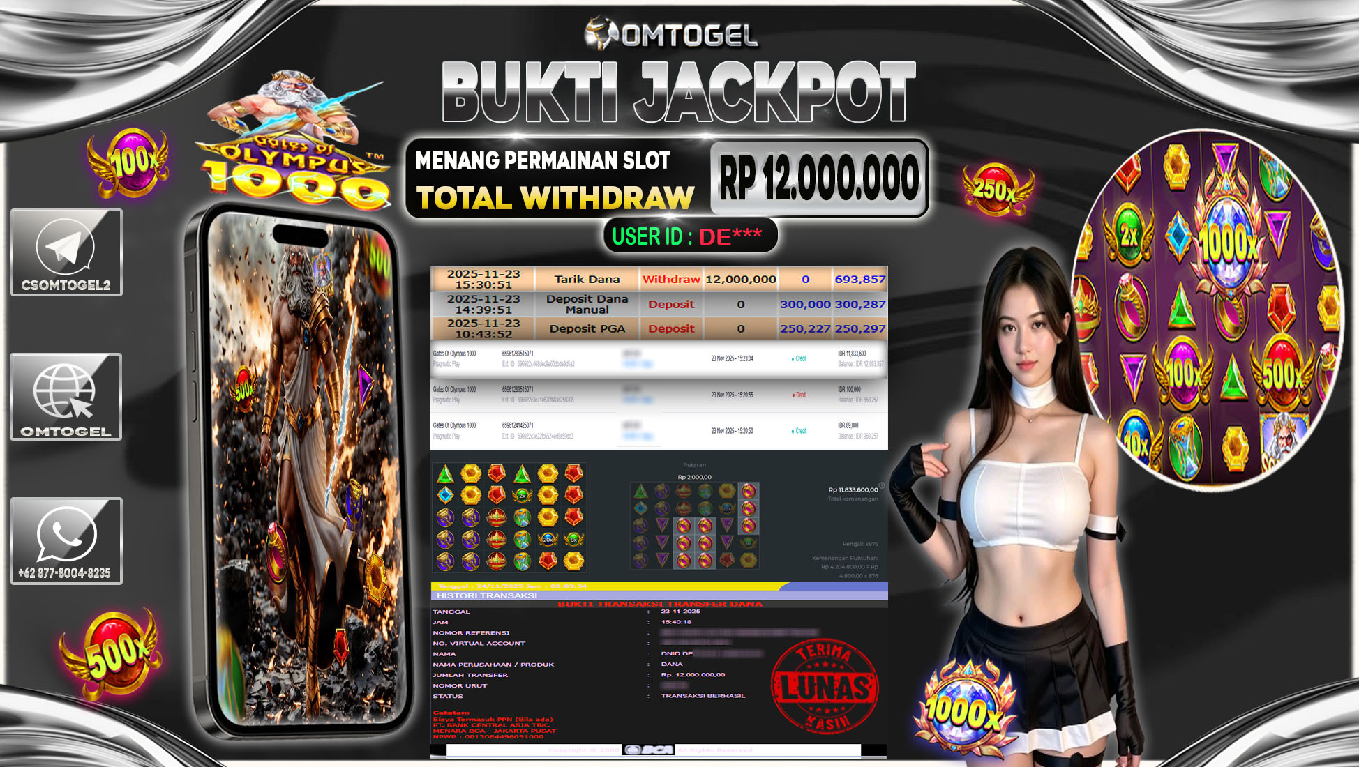 OMTOGEL JACKPOT PRAGMATIC PLAY GATES OF OLYMPUS 1000  ,12 JUTA DI BAYAR LUNAS ,-