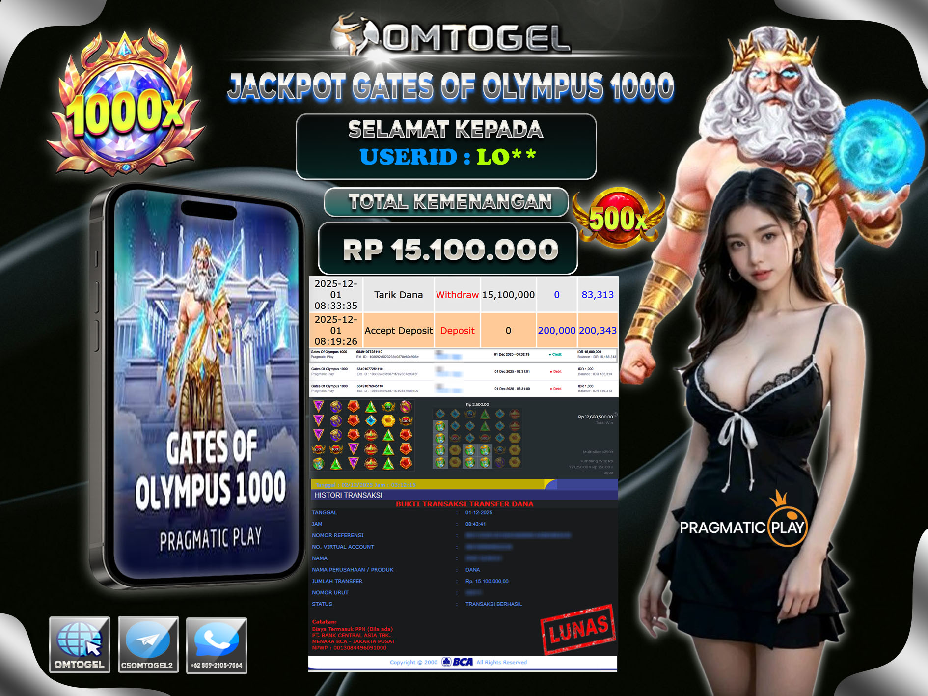 OMTOGEL JACKPOT PRAGMATIC PLAY GATES OF OLYMPUS 1000  ,15 JUTA DI BAYAR LUNAS ,-