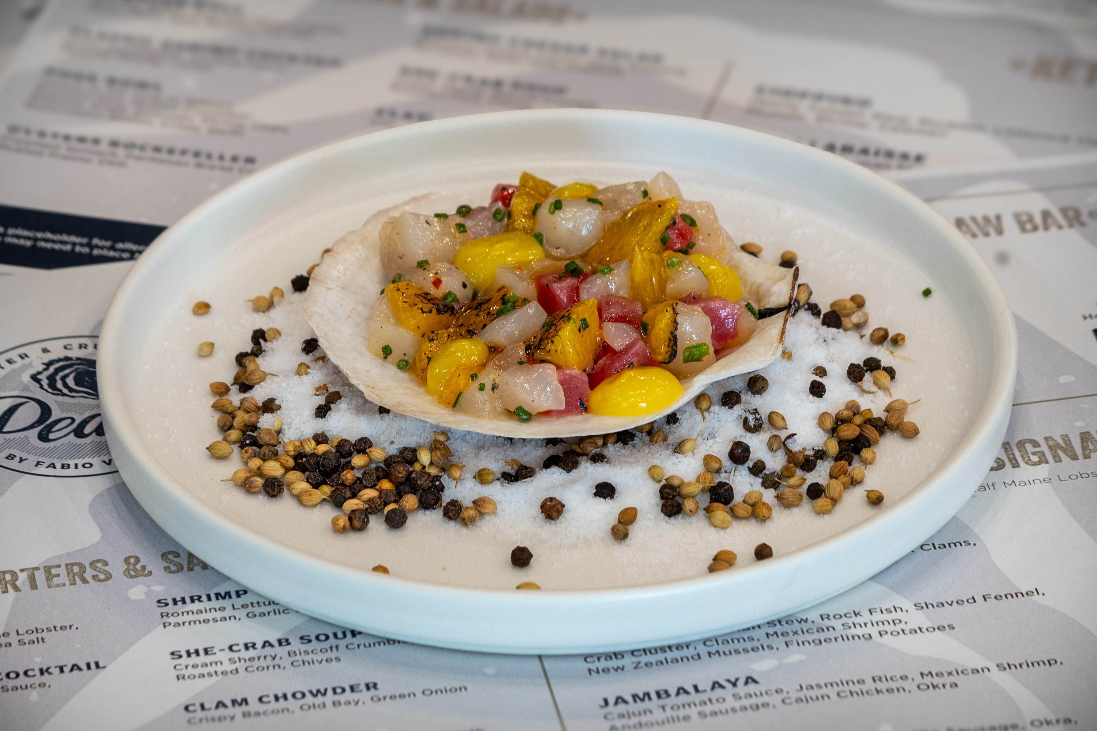 Yellowfin Tuna & Baby Scallop crudo with citrus caper vinaigrette at Pearls Oyster & Crudo Bar