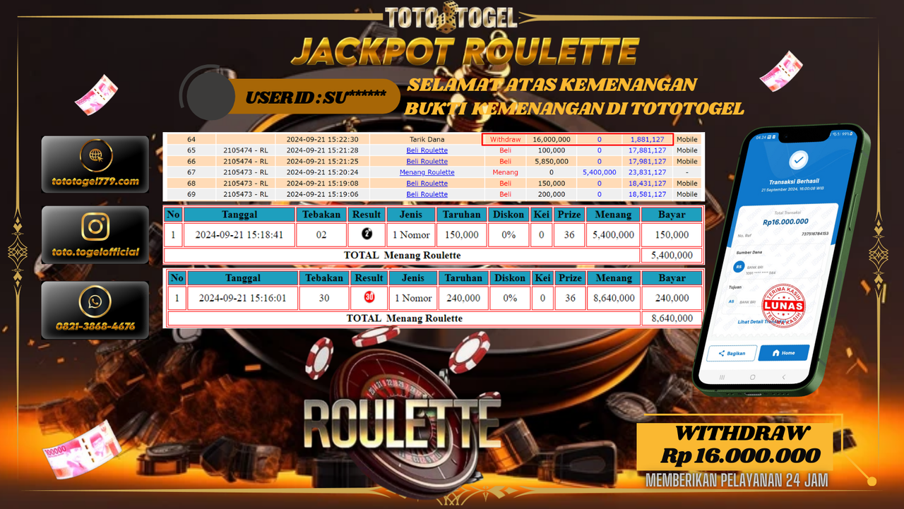 Bukti Kemenangan Permainan Live Game Roulette Dengan ID : SU***** Terbayar Lunas!!