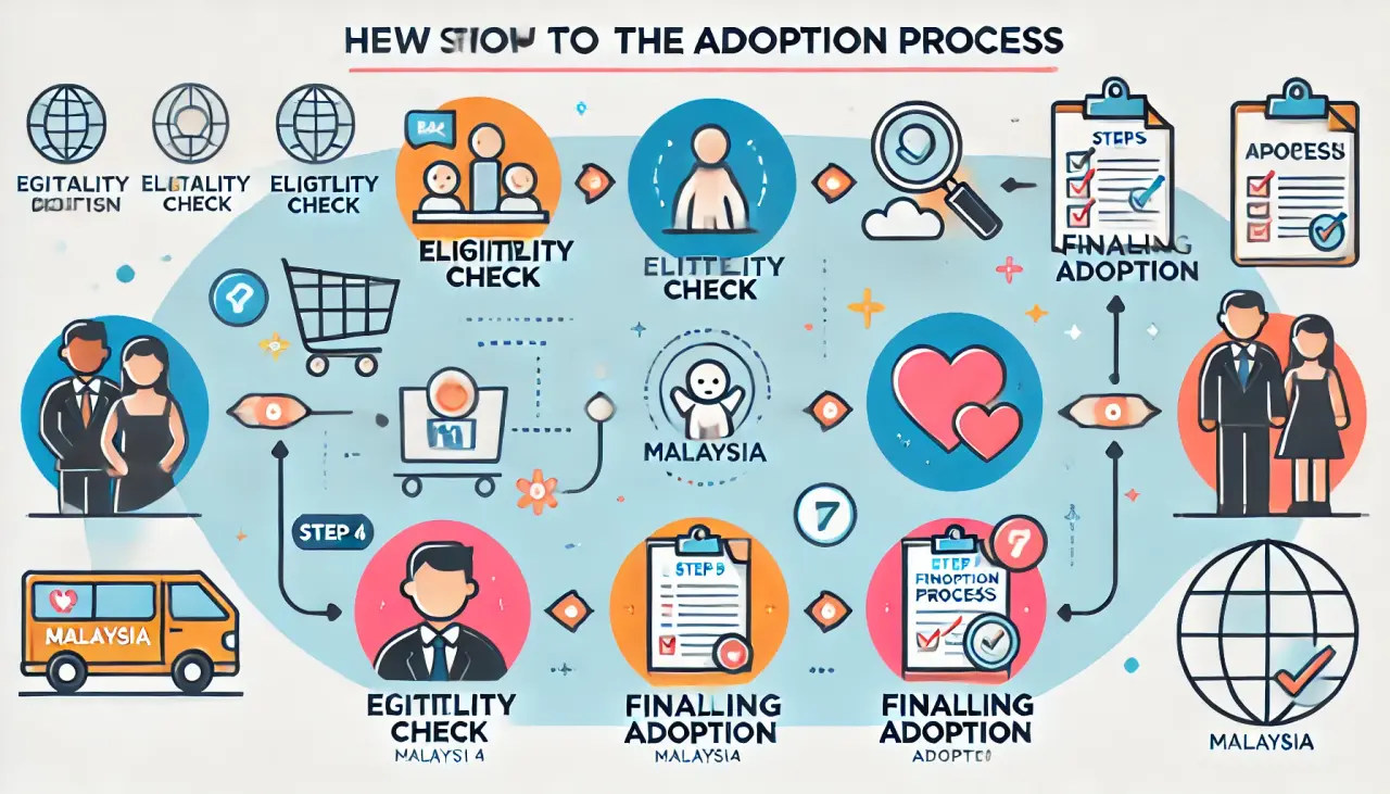 Infographic showing the steps in the adoption process in Malaysia, from eligibility check to finalizing adoption.