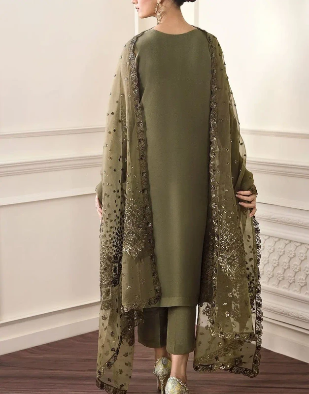 Olive-Green Mehndi Dress – Pearl Handwork Neck, Emb Sleeves & Dupatta