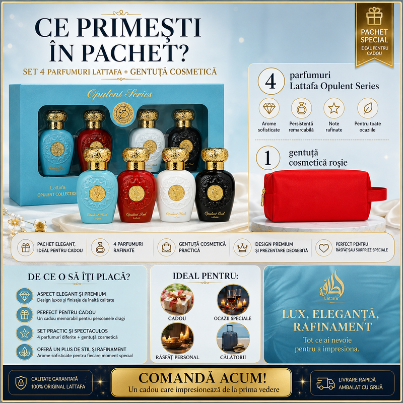 Lattafa Opulent Collection set 4 parfumuri arăbești unisex 4 x 25 ml cu gentuță cadou