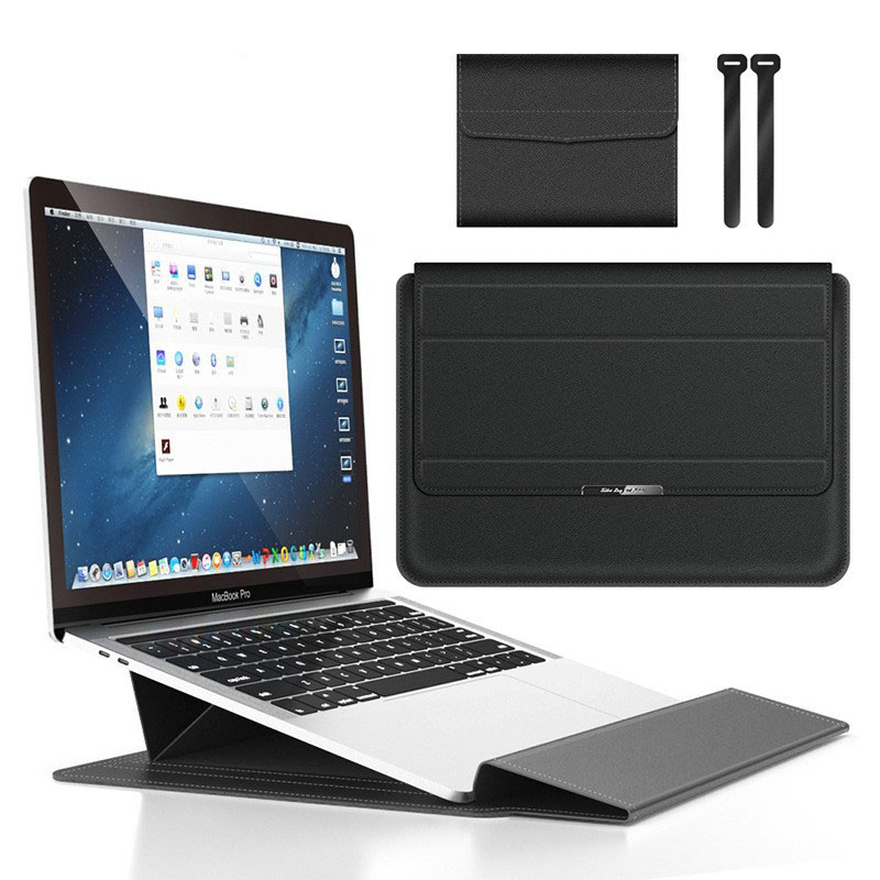 Black 3-in-1 Laptop Sleeve with Built-In Stand & Wrist Rest – Waterproof PU Protective Case for 13/14 Inch Laptops, Portable and Ergonomic Design