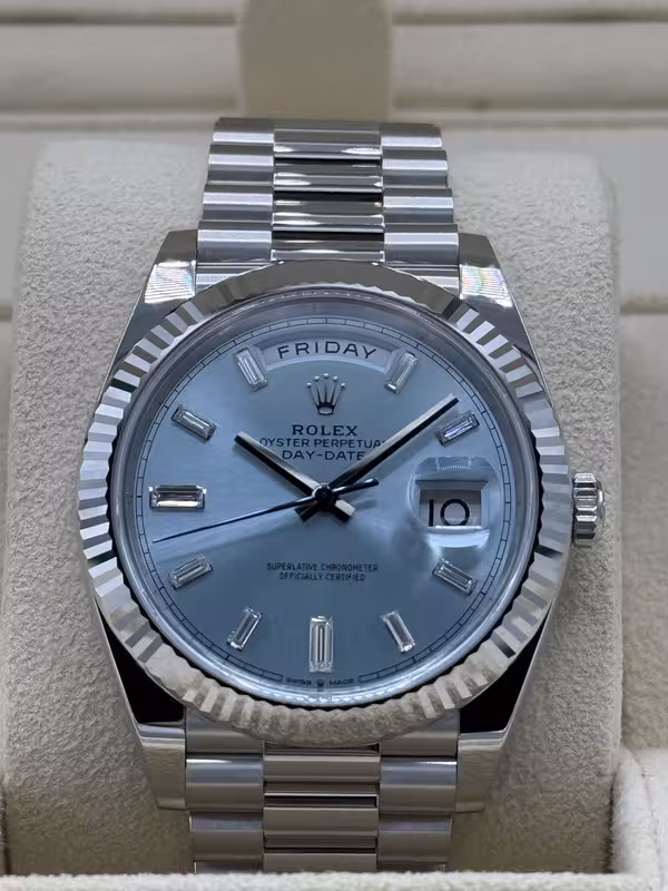 BNIB Rolex Day-Date 40mm 228236 Platinum Ice Blue Baguette Diamond