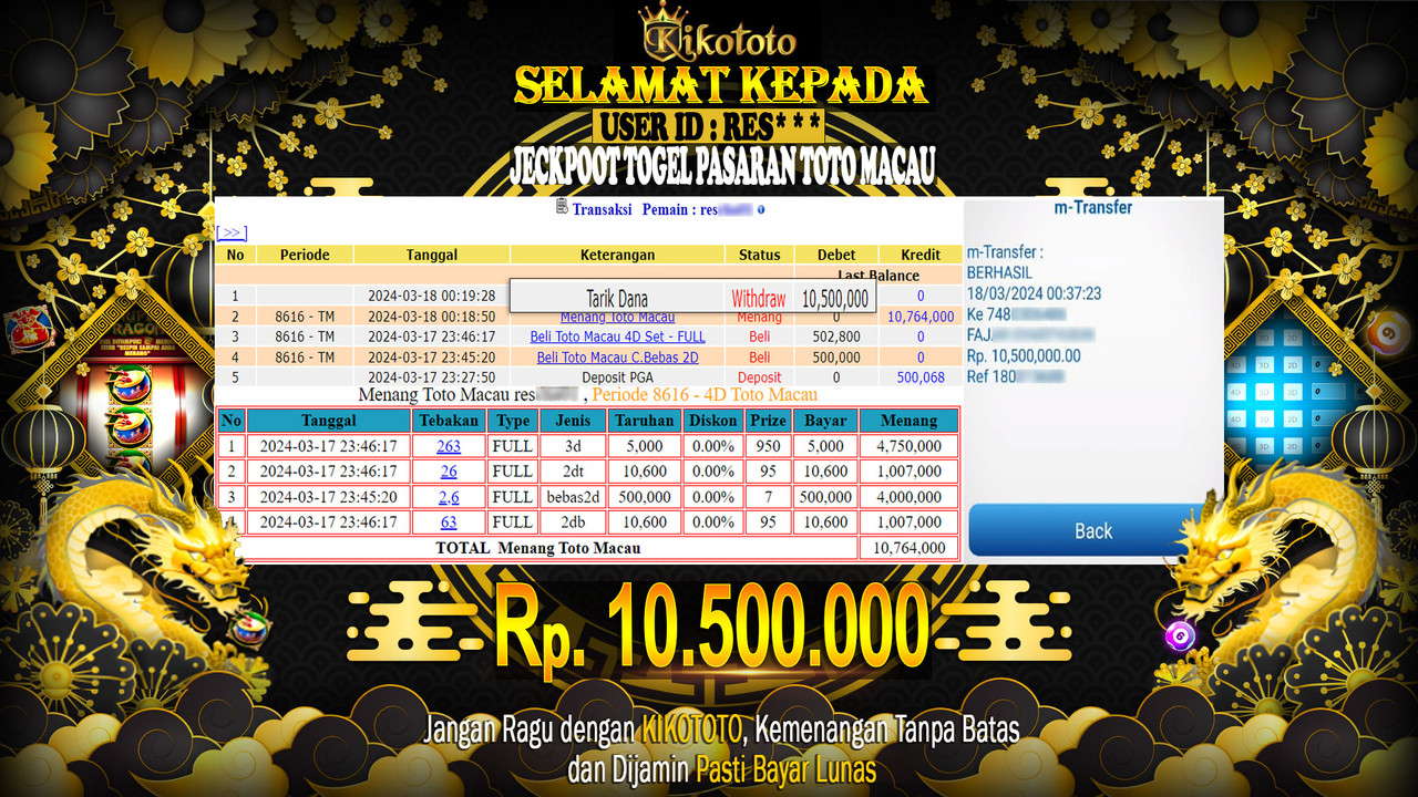 LAGI - LAGI !! MENANG BESAR DI PASARAN TOTO MACAU SEBESAR Rp 10,500,000 LANGSUNG DAN TANPA BASA BASI DI BAYAR KIKOTOTO !!!