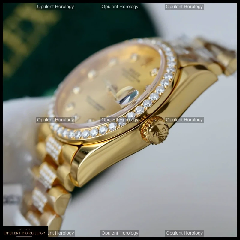 Rolex Datejust Women's Gold Dial Custom Gold Plated Moissanite 31mm - Super Clone