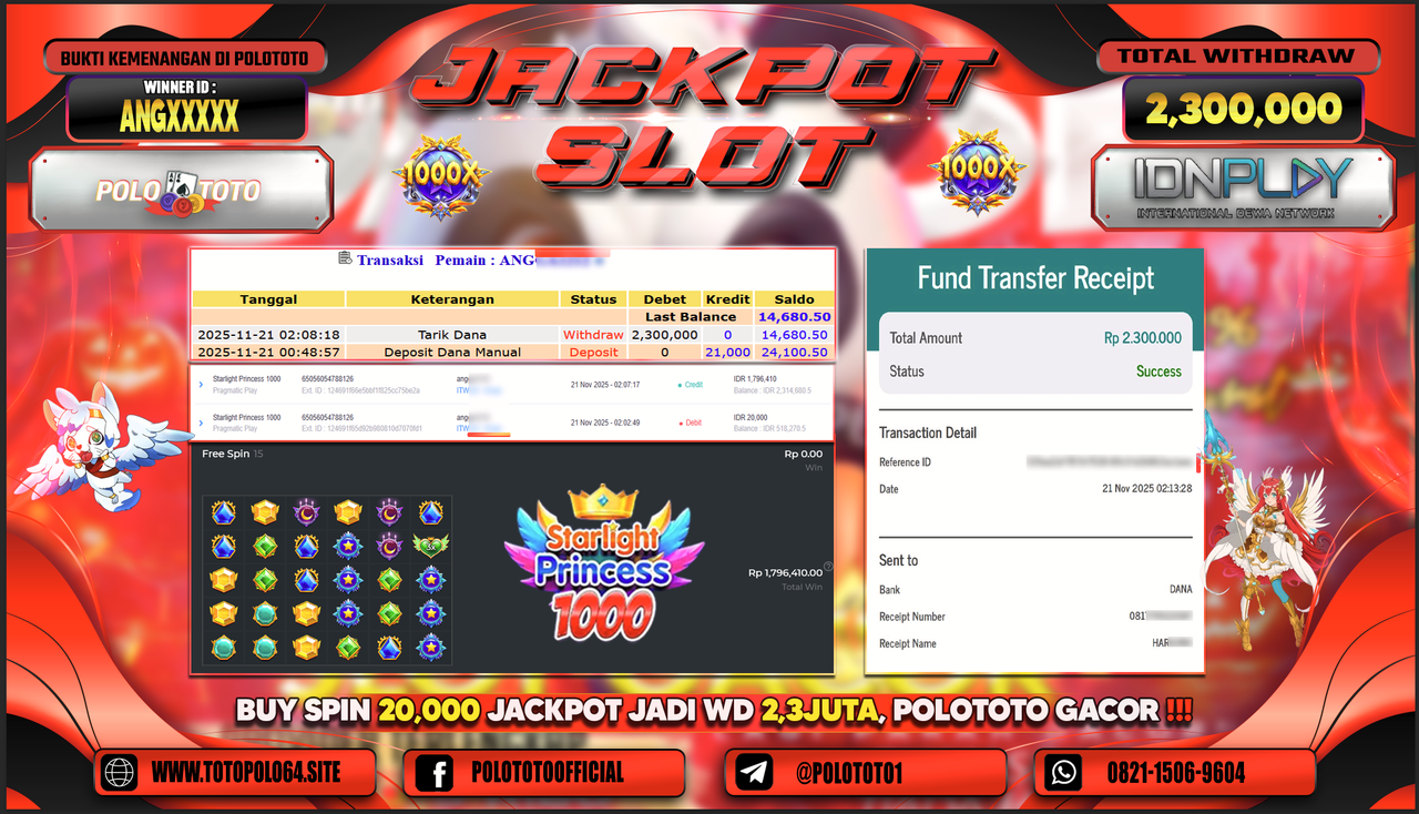 POLOTOTO JACKPOT SLOT STARLIGHT PRINCESS 1000 Rp.2.300.000,- LUNAS
