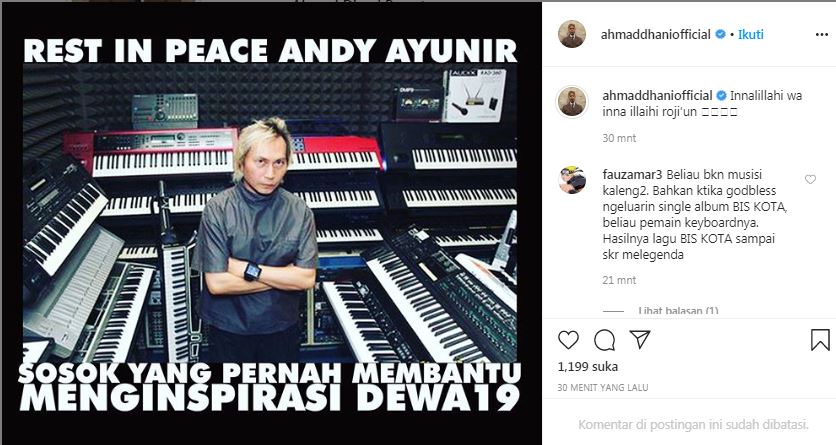 Unggahan duka Ahmad Dhani atas berpulangnya komposer Andy Ayunir.