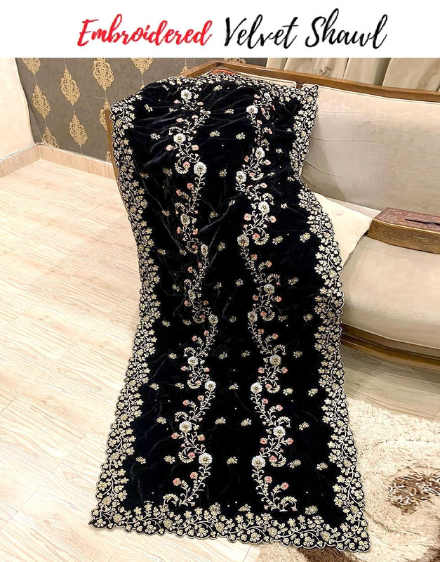 Premium Heavy Embroidered Black Bridal Velvet Shawl | 4-Side Cutwork & Handwork