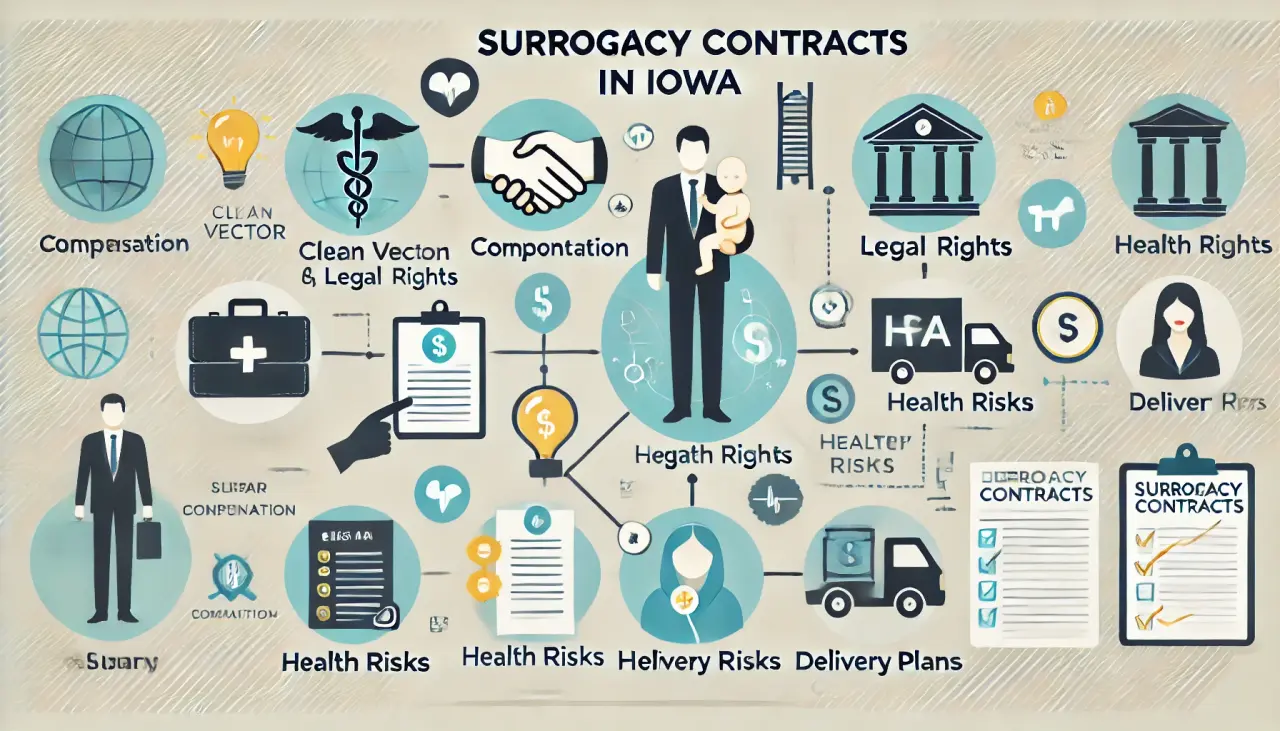 Key components of surrogacy contracts in Iowa, including compensation and legal rights.