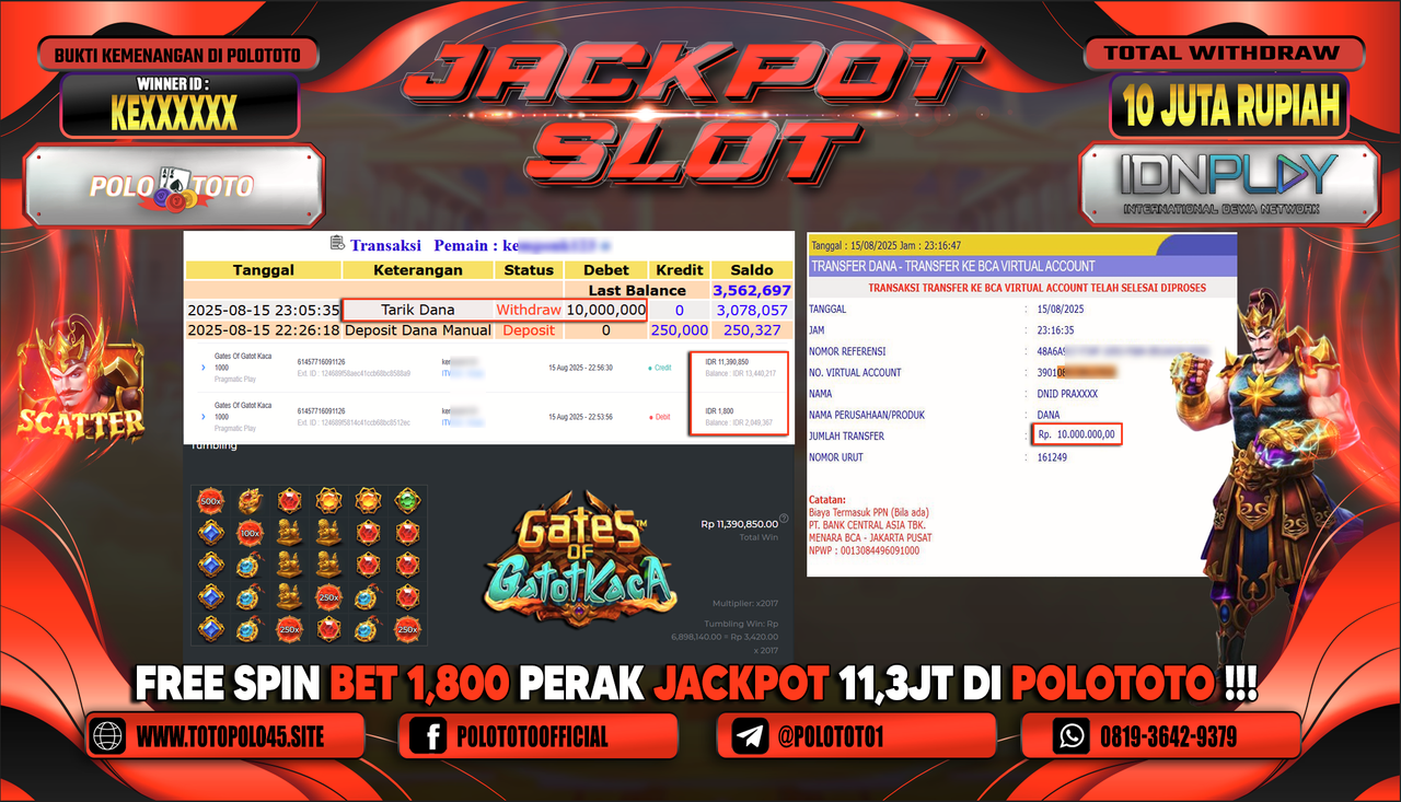 POLOTOTO JACKPOT SLOT GATES OF GATOT KACA Rp.10.000.000,-LUNAS