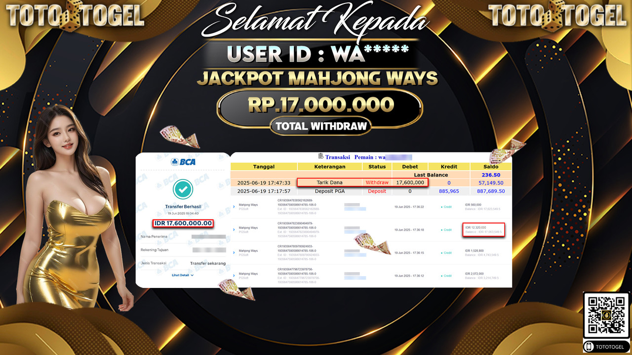 Bukti Pembayaran Jackpot Permainan Slot Mahjong Ways ID:WA***** LUNAS