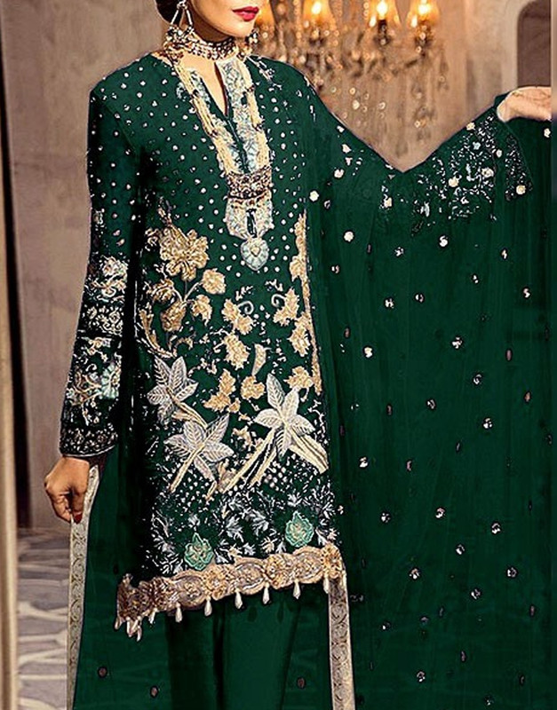 Heavy Embroidered with Handwork Bottle Green Chiffon Wedding Green Dress