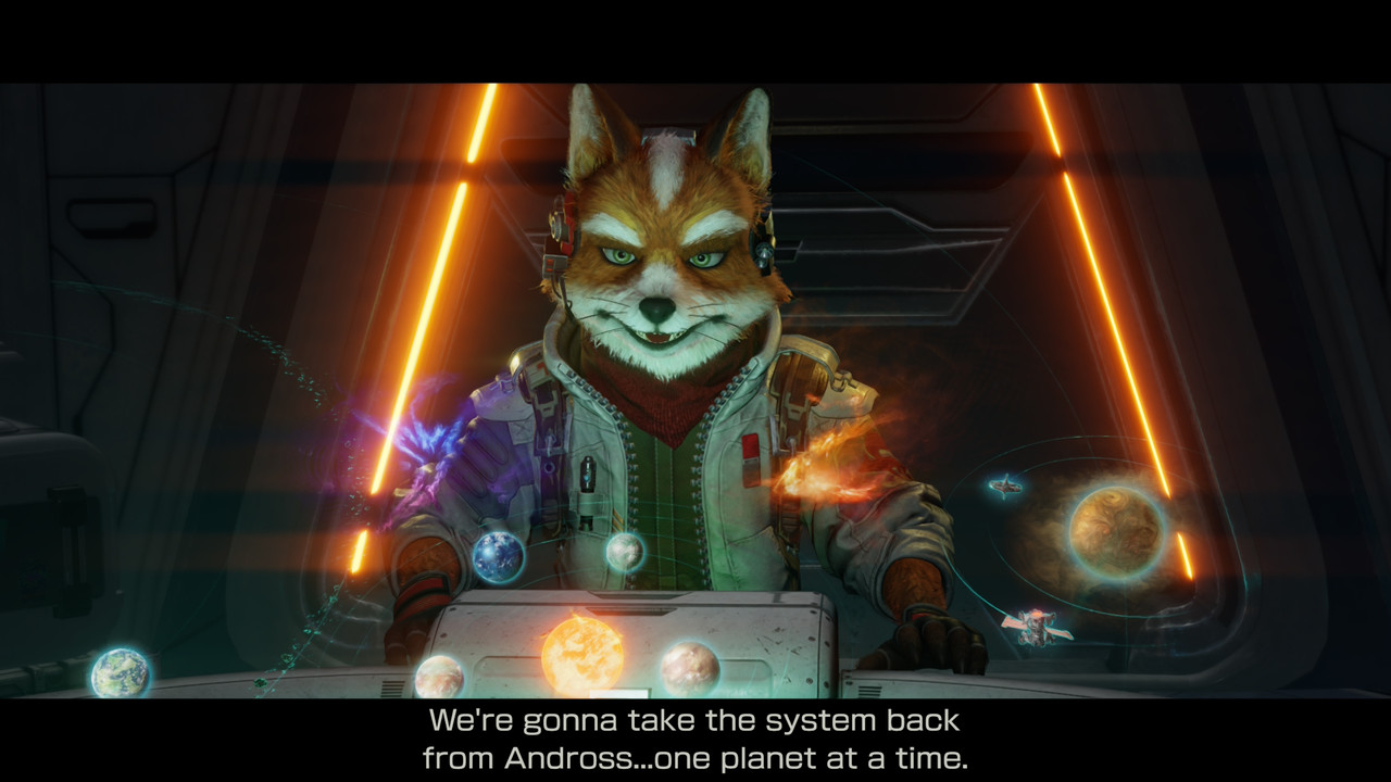 Fox looking over the Lylat System holomap during a mission briefing