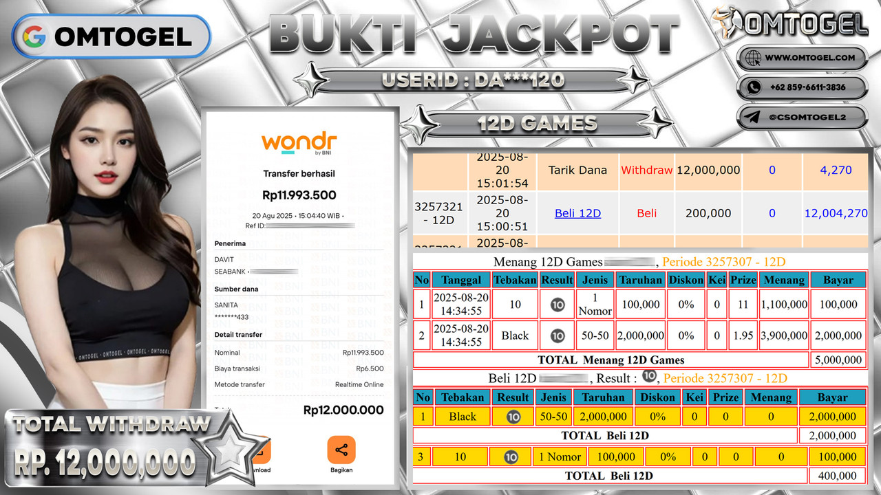 OMTOGEL JACKPOT LIVE GAMES 12D 12 JUTA DI BAYAR LUNAS ,-