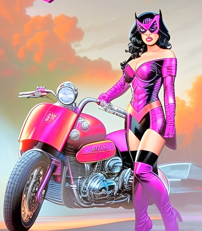 Superheroine in purple costume standing next to red motorcycle