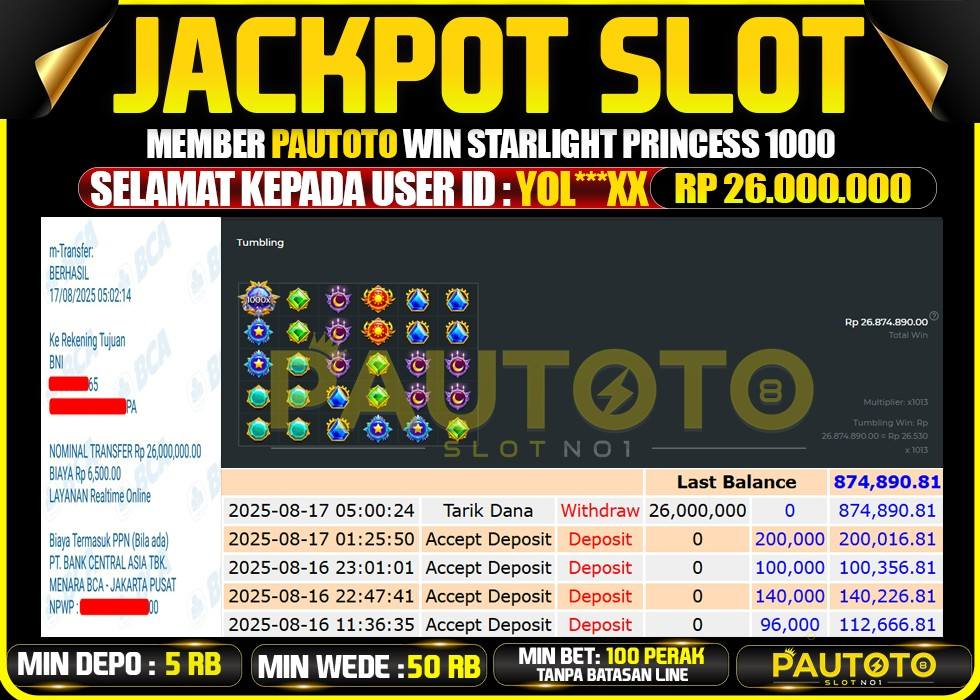 BUKTI PEMBAYARAN TGL 16 AGUSTUS 2025 MENANG DI PERMAINAN STARLIGHT CHRISTMAS TOTAL WD 26 JUTA