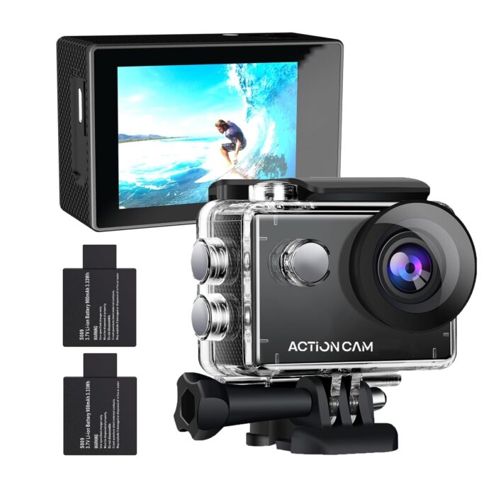 Cámara deportiva con su pantalla LCD de 2.0 pulgadas y accesorios de montaje.