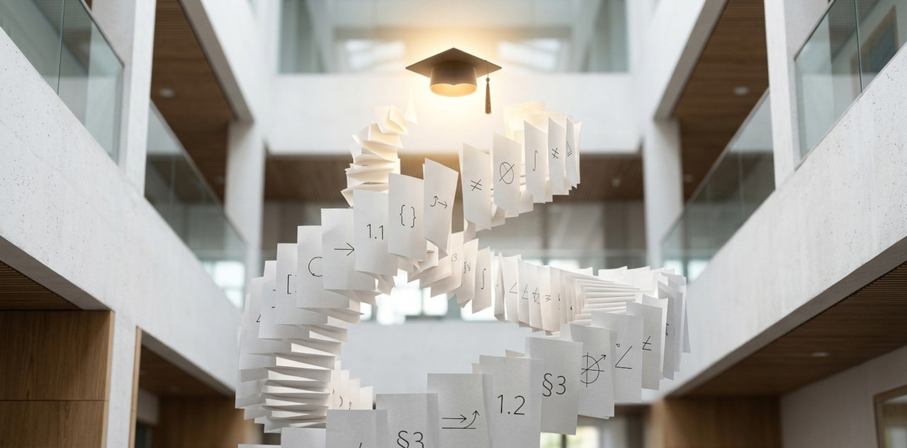 a conceptual spiral staircase made of floating paper sheets