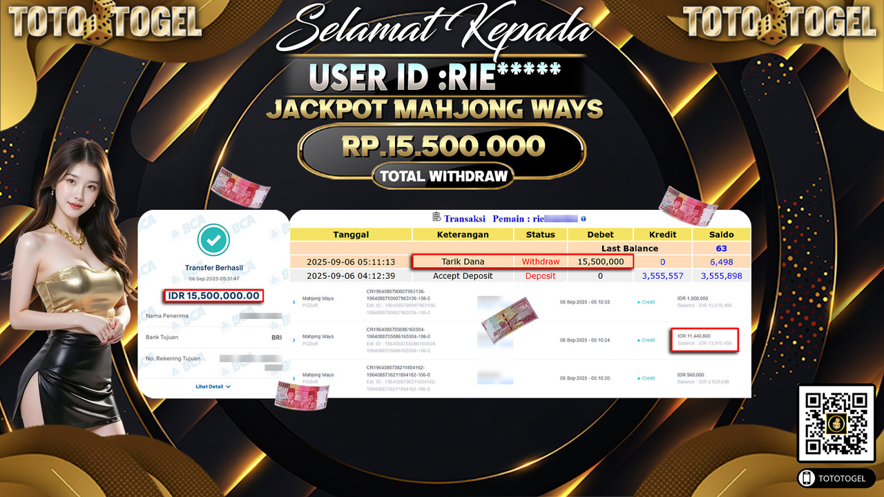 Bukti Pembayaran Jackpot Permainan Slot Mahjong Ways ID:RIE***** LUNAS