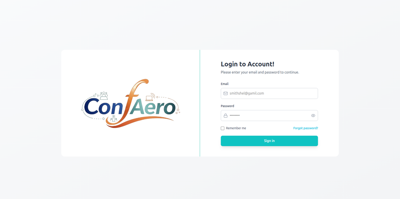 Confaero Dashboard login page