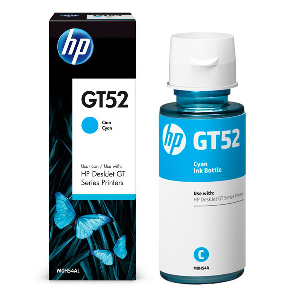 Botella de tinta original HP GT52 de color cian.