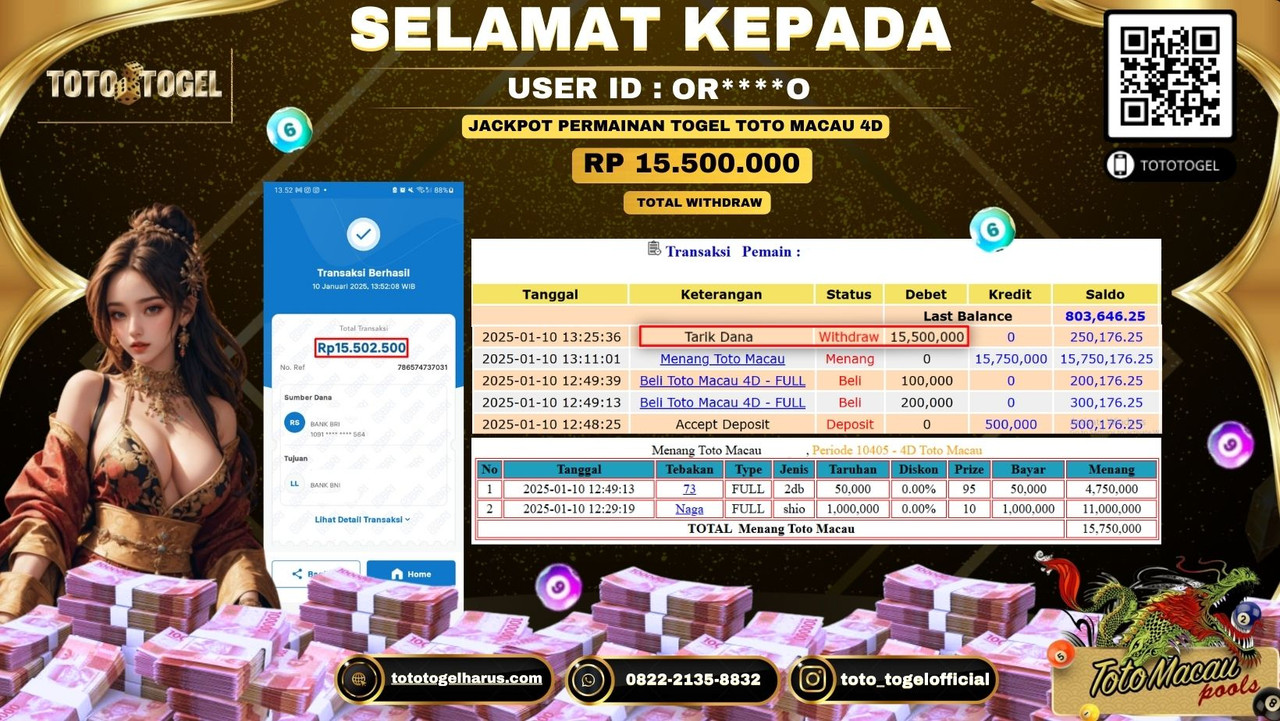 Bukti Pembayaran Jackpot  Permainan Togel Toto Macau 4d  : OR****O LUNAS