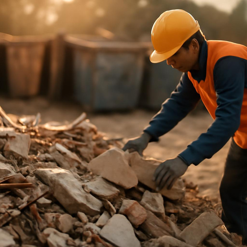 Сортировка строительных отходов на площадке после демонтажа