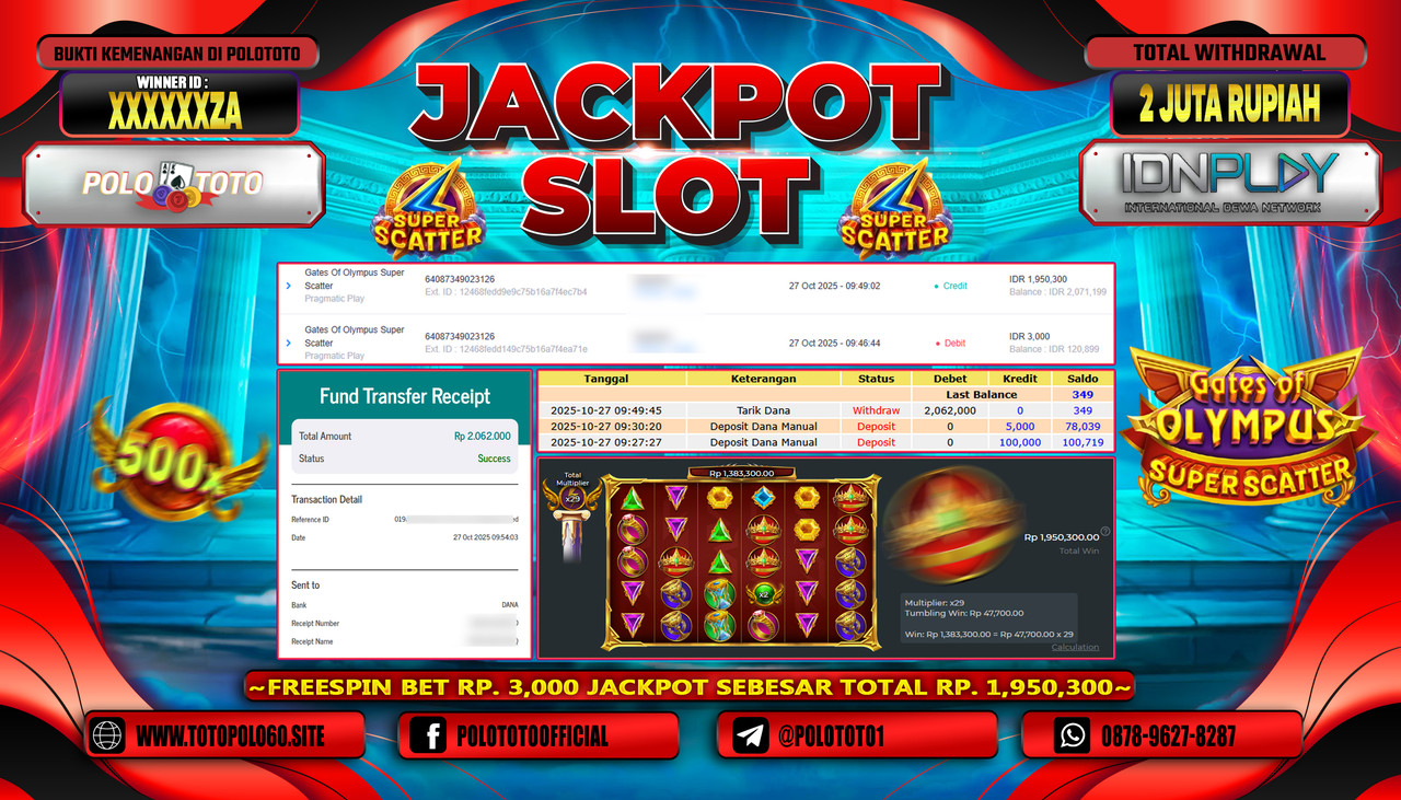 POLOTOTO JACKPOT SLOT GATES OF OLYMPUS SUPER SCATTER Rp.2.000.000,- LUNAS