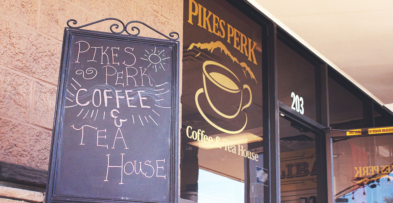 Entrance to coffee house Pike's Perk.