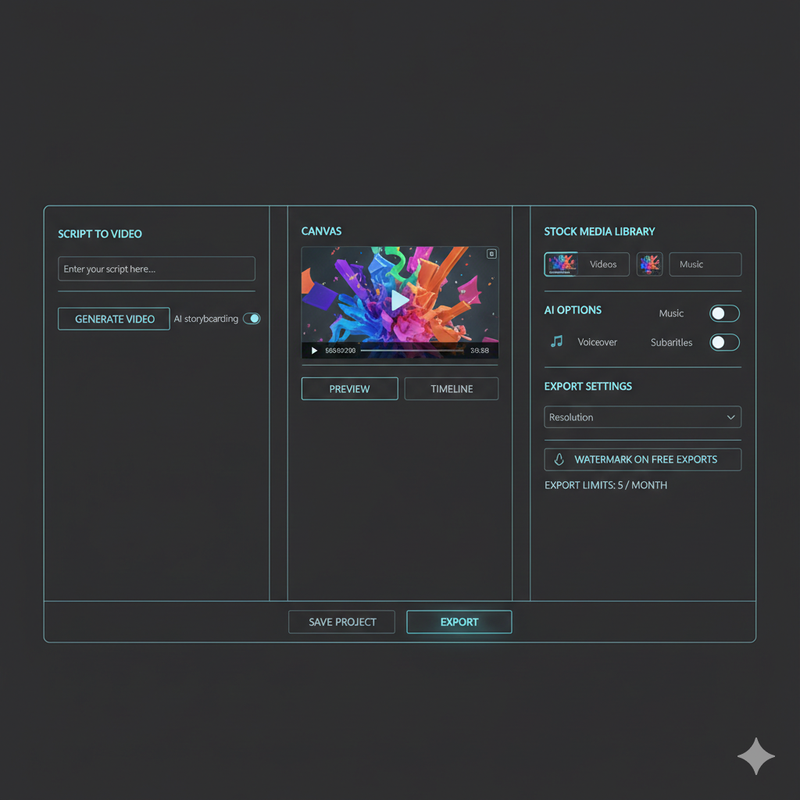Interface mockup of a free AI video generator showing script input and export settings