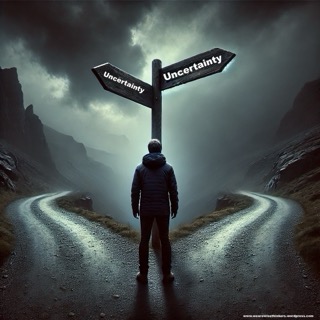 
Person standing on a dark road at a fork, choosing between two paths ahead.