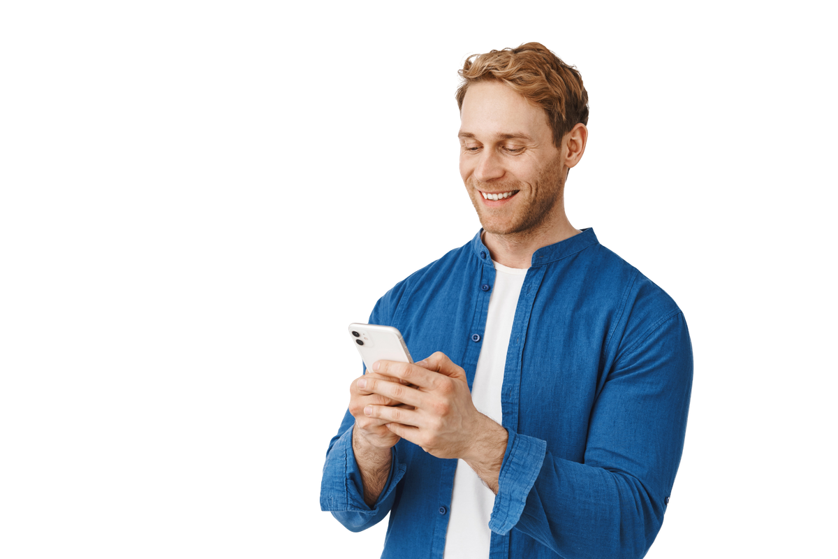 A young man using his mobile to sign up with exodusportfolio - a global online trading broker