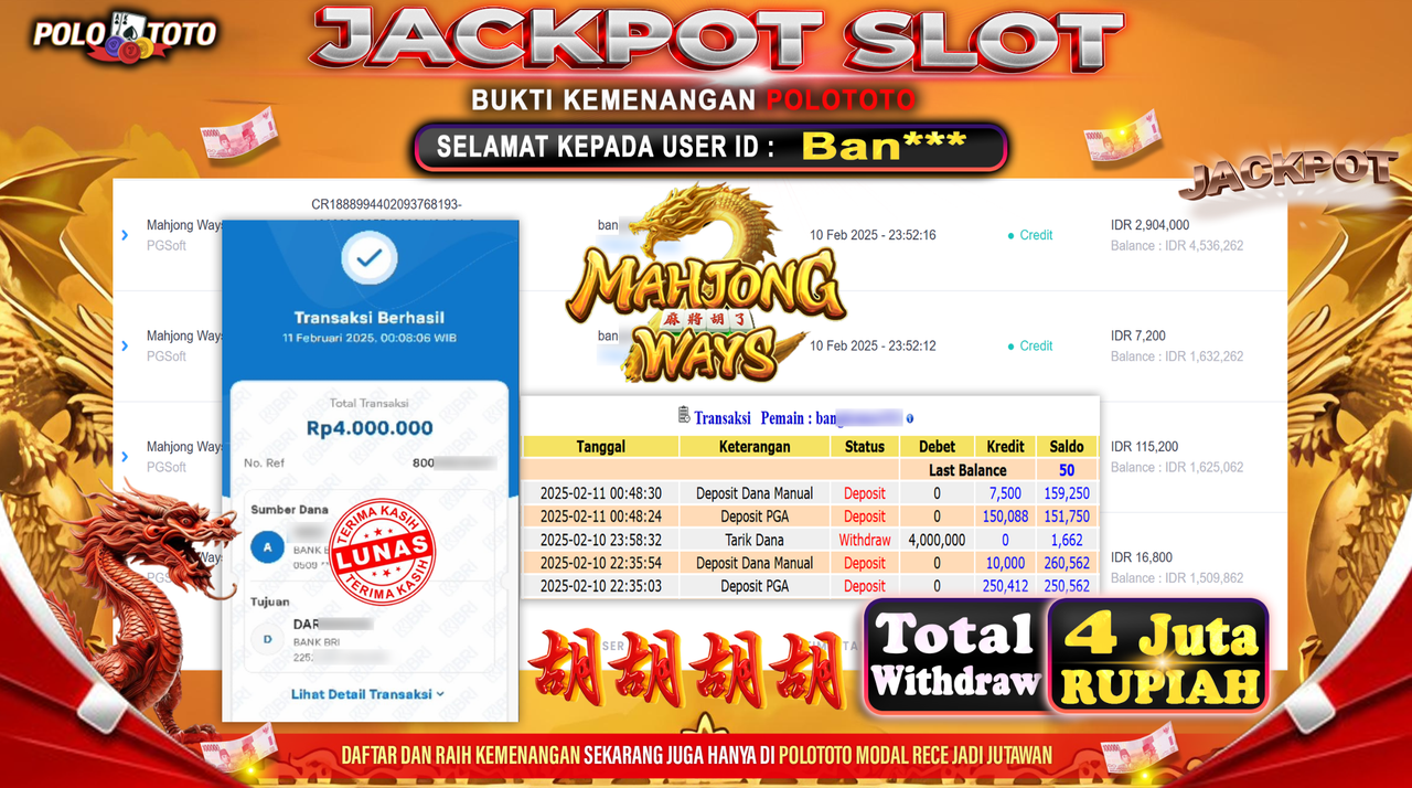 POLOTOTO JACKPOT SLOT MAHJONG WAYS Rp.4.000.000,-