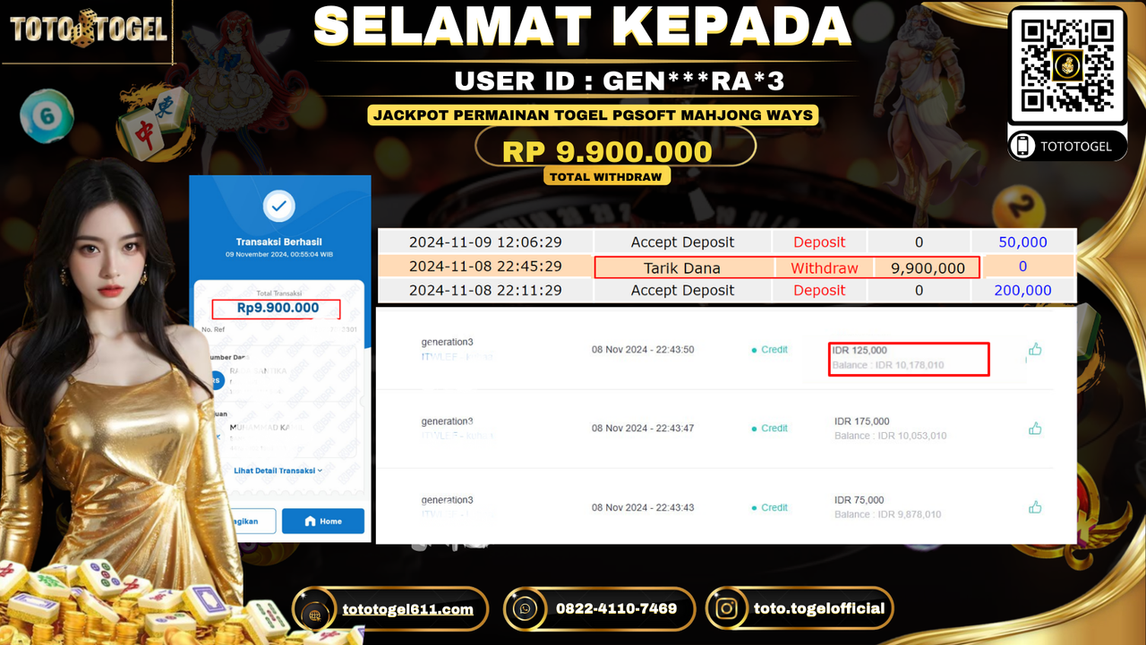 Bukti Pembayaran Jackpot Permainan  PERMAINAN PG SOFT MAHJONG WAYS  ID:GEN***RA*3 LUNAS 