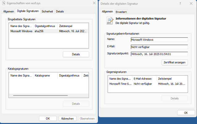 Wof.sys Eigenschaften Windows Server 2025