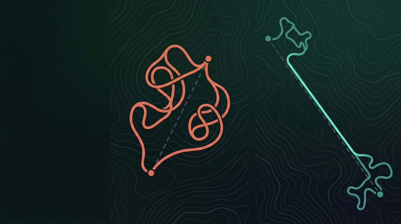 Two journeys over dark terrain, one short and heavily tangled, one long and nearly straight through its middle