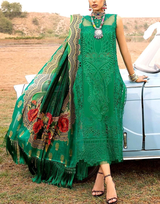Luxury Heavy Schiffli Embroidered Cotton Dress with Silk Dupatta