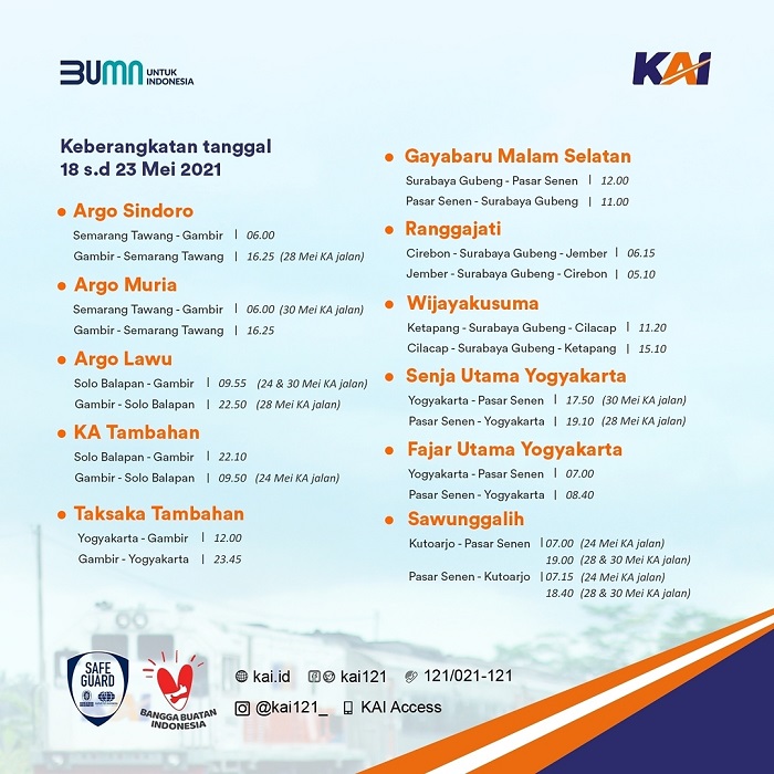 Jadwal kereta api terbaru selama periode 18-31 Mei 2021.