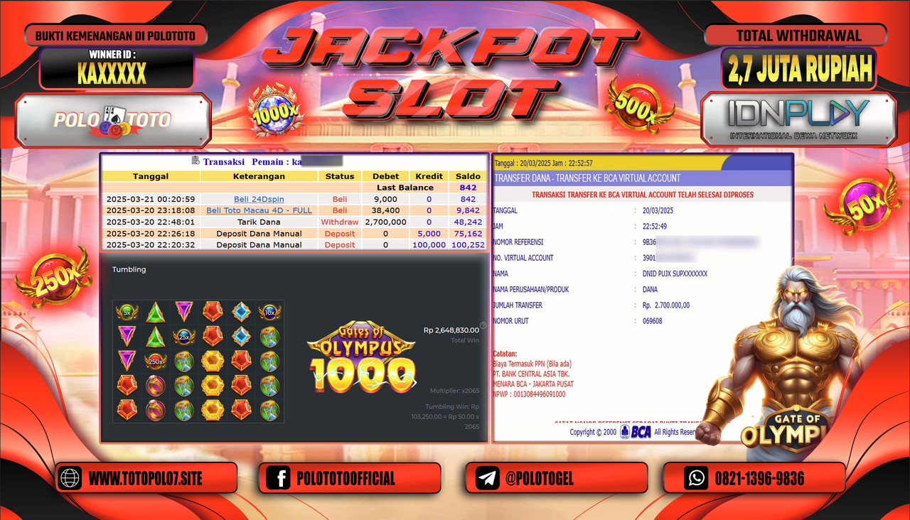 POLOTOTO JACKPOT SLOT GATES OF OLYMPUS 1000 Rp.2.700.000,-