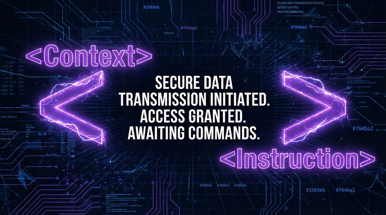 Digital text enclosed in glowing XML brackets