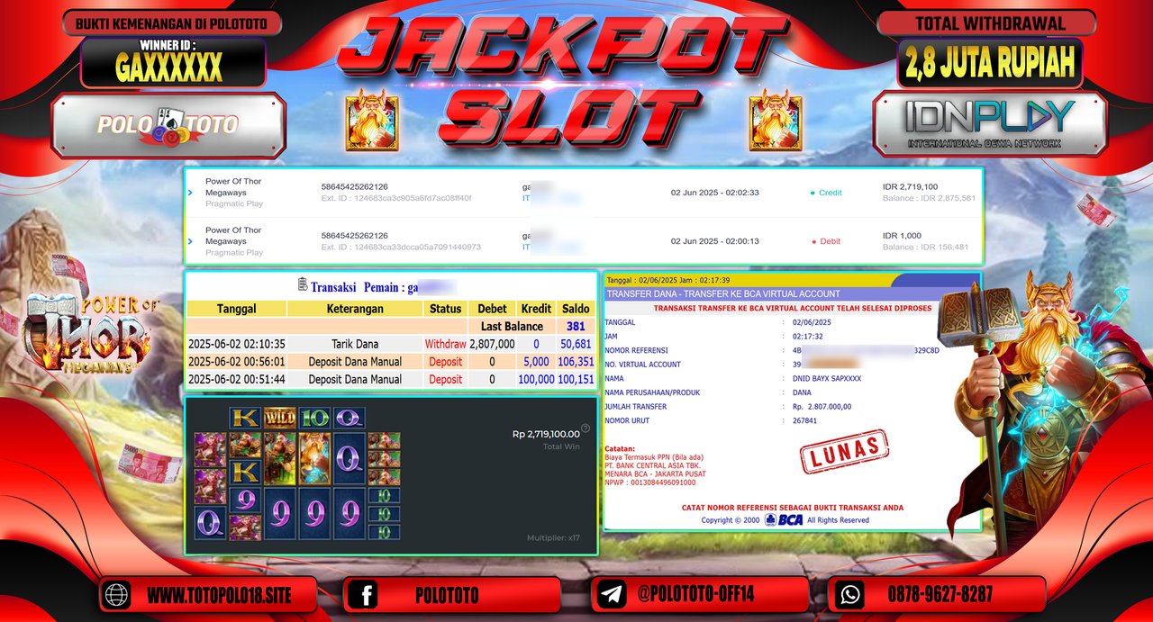 POLOTOTO JACKPOT SLOT POWER OF THOR MEGAWAYS Rp.2.807.000,-