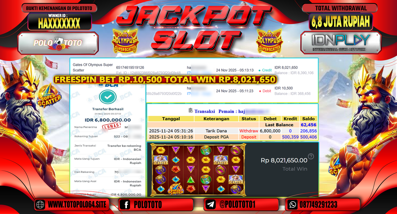 POLOTOTO JACKPOT SLOT GATES OF OLYMPUS SUPER SCATTER Rp.6.800.000,- LUNAS