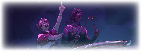 the second bottom half of a drawing by solasaiich on twitter. it shows c!tommy and c!eryn on a boat together, eryn holding the paddles as tommy touches his back and points at the comet, a big smile on his face as eryn looks at the comet in awe, the pink shine hitting their faces. there is a faint cloud behind them. the image is cropped into a rectangle with a fading transparent edge.