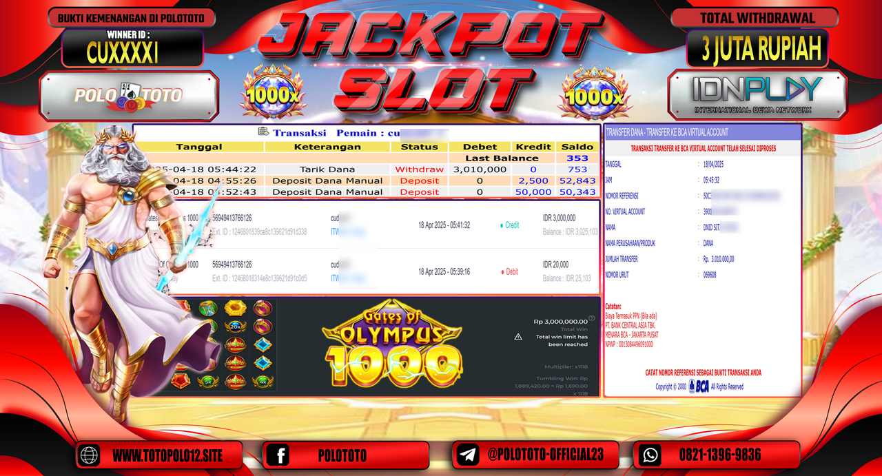 POLOTOTO JACKPOT SLOT GATES OF OLYMPUS 1000 Rp.3.010.000,-