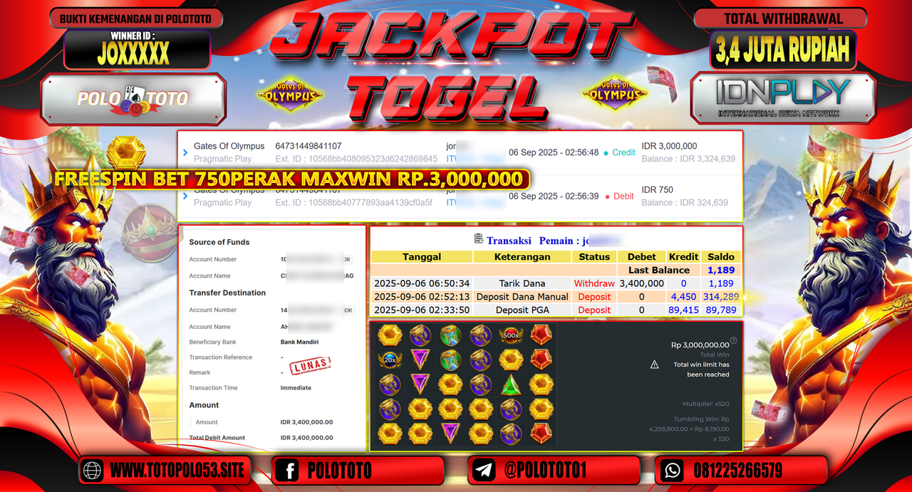 POLOTOTO JACKPOT SLOT GATES OF OLYMPUS Rp.3.400.000,-