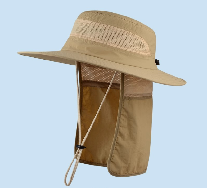 Wide Brim Sun Hat with Neck Flap UPF 50+ Protection Quick Dry Safari Cap Mesh Breathable for Fishing Gardening Hiking Outdoor Khaki