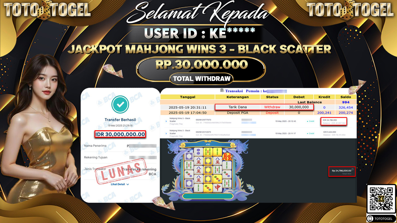 Bukti Pembayaran Jackpot Permainan Slot Mahjong Wins 3 - Black Scatter ID:KE***** LUNAS